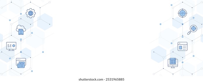 Ilustração do vetor da faixa Seo com estilo de ícone de dois lados. ícone Duotônico de Linha. Contendo artigo, salvar arquivo, seo, destino, site, criptografia, globo, codificação.
