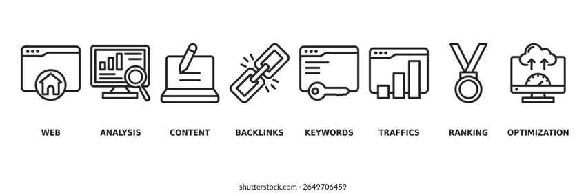SEO banner web icon vetor ilustração conceito para otimização do mecanismo de pesquisa com ícone de site, análise, conteúdo, backlinks, palavras-chave, tráfego, ranking e otimização