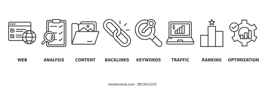 SEO Banner Web Icon Vector Illustration Concept with Icons of Web, Analysis, Content, Backlinks, Keywords, Traffic, Ranking, and Optimization