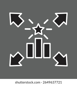 Gráfico de barras de SEO com seta e ícone de estrelas representando o controle de desempenho de conteúdo com fundo transparente