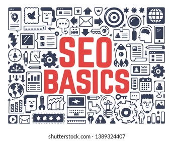 SEO Basics, Search Engine Optimization, Web Analytics Design, - Illustration with Hand Drawn Icons.