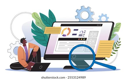 SEO benchmarking concept. Man sitting near computer with magnifying glass. Analysis of user behavior, webpage promotion on Internet. Flat vector illustration isolated on white background