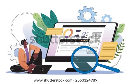 SEO benchmarking concept. Man sitting near computer with magnifying glass. Analysis of user behavior, webpage promotion on Internet. Flat vector illustration isolated on white background