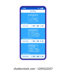SEO blogging app smartphone interface vector template. Mobile page blue design layout. Social networking course. Blogger profile with posts screen. Flat UI for application. Forum. Phone display