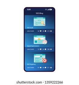 Seo blogging app smartphone interface vector template. Mobile page blue design layout. Social networking platform. Blogger profile with posts screen. Flat UI for application. Forum. Phone display