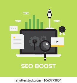 SEO Boost, Search engine optimization, Digital marketing flat design vector illustration with icons