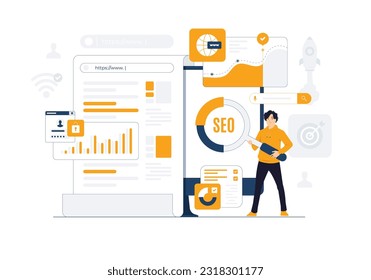 SEO, Boost website, Enhance rankings, Visitor traffic, analytic strategies, and optimize content using keywords. Dominate search engine results with back link, and organic growth concept illustration