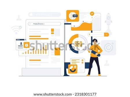 SEO, Boost website, Enhance rankings, Visitor traffic, analytic strategies, and optimize content using keywords. Dominate search engine results with back link, and organic growth concept illustration
