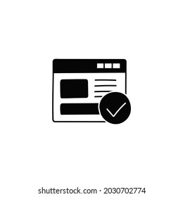 Navegador Seo con icono de verificación en forma plana y negra sólida icono de glifo, aislado en fondo blanco 