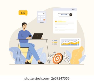 SEO budget. Calculation of spending for SEO. Digital marketing investment. Flat vector illustration.
