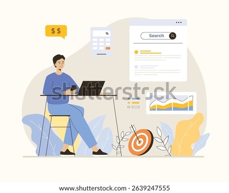 SEO budget. Calculation of spending for SEO. Digital marketing investment. Flat vector illustration.