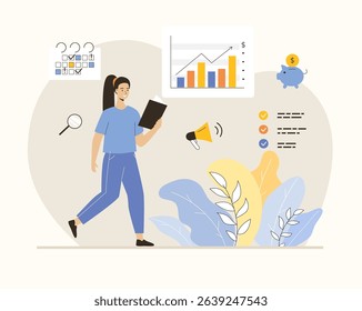 SEO budget planning. Effective SEO marketing plan. Calculation of spending for SEO. Flat vector illustration.	
