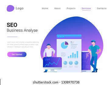 SEO Business Analysis Analytics Flat style landing page banner vector illustration. Men standing near devices and web browser with data charts, graphs, diagrams.