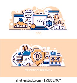 SEO business and cryptocurrency banner templates set. Online marketing and virtual money symbols thin line illustrations. Search engine optimization, blockchain technology, e business