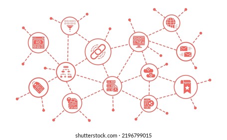 SEO business infographic with thin line icons. Bookmark, Hosting, Hyperlink, Advertisement, Data Transfer illustration design template.