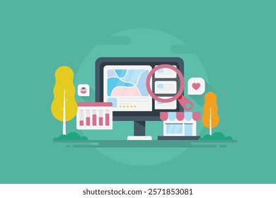 SEO business optimization, Small business SEO, Local store on search engine result, Business listing for store location, SEO analysis - vector illustration background