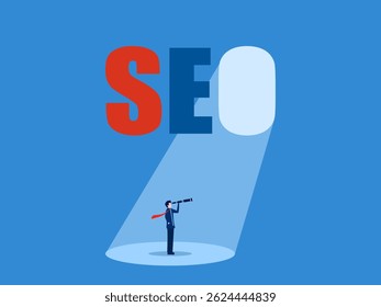 SEO, a business person with a web assistant or search technology
