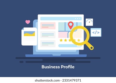 SEO Geschäftsprofil. Unternehmensoptimierung auf der Suchmaschine. SEO-Strategieanalyse. Vektorgrafik-Hintergrund mit Symbolen