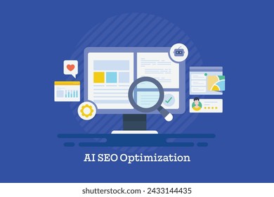 SEO by artificial intelligence, AI driven SEO software, AI helping website to rank high on search engine - vector illustration banner with icons