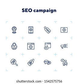 SEO campaign line icon set. Message, searching, technology. Market research concept. Can be used for topics like optimization, marketing, targeting