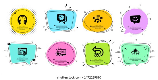 Seo certificate, Clock and 360 degrees line icons set. Chat bubbles with quotes. Heart, Smile chat and Ranking stars signs. Headphones, Correct answer symbols. Statistics, Time. Technology set. Vector