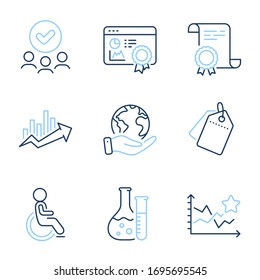 Seo certificate, Ranking stars and Growth chart line icons set. Diploma certificate, save planet, group of people. Disabled, Sale tags and Chemistry lab signs. Vector