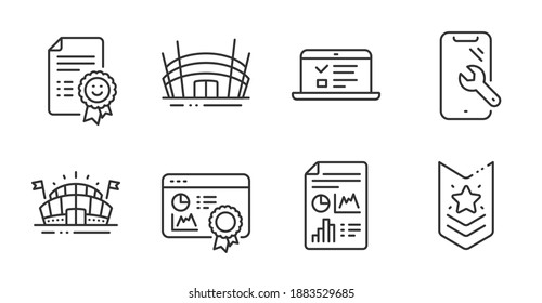 Seo-Zertifikat, Report-Dokument und Arena Stadium Linie Symbole gesetzt. Schulterband, Webvorlesungen und Sportarena-Schilder. Lächeln, Smartphone reparieren Symbole. Symbole für Qualitätslinien. Vektorgrafik