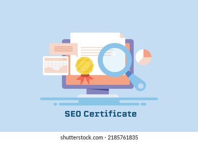 SEO certification courses, SEO training, SEO course concept - flat design vector illustration with icons and texts