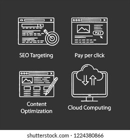 SEO chalk icons set. Targeted advertising, pay per click, content editing, cloud computing. Isolated vector chalkboard illustrations