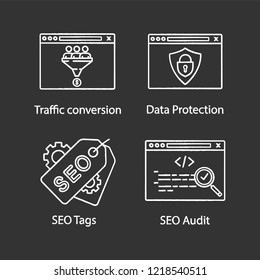 SEO chalk icons set. Traffic conversion, data protection, SEO tags and audit, custom coding. Isolated vector chalkboard illustrations