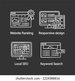 SEO chalk icons set. Website ranking, responsive design, local SEO, keyword search. Isolated vector chalkboard illustrations