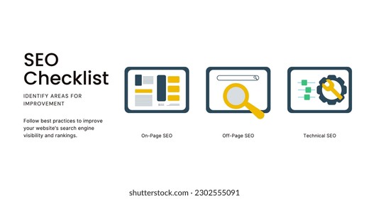 SEO Checklist Banner on Light Background. Stylish Marketing Banner with Black Text and Colored Icons for Business and Marketing