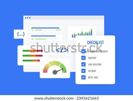 SEO Checklist - Boost Website Ranking and Web Page Performance. On-Page SEO Optimization, Technical on-page and off-page SEO checklist, Mobile-Friendly Design, Content Marketing - Vector Illustration