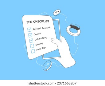 SEO checklist - Complete Task lists for website optimization concept. On-page SEO checklist vector illustration isolated on blue background with icons