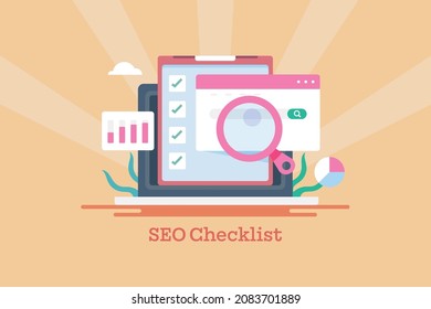 SEO checklist, Worklist Online do list, Online survey - conceptual flat design vector illustration with icons