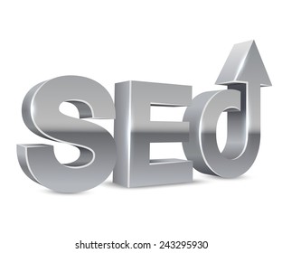Concepto de letras 3D cromadas SEO aisladas en fondo blanco.