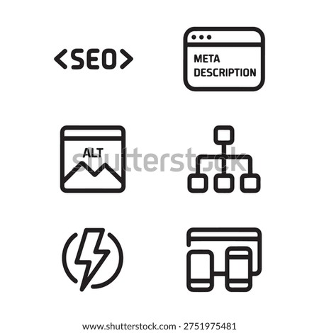 seo code meta description alt tag sitemap speed browser line icon set