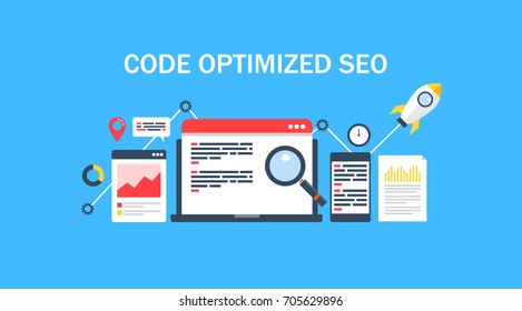 Seo, Code optimization, Programming,  SEO tag,  website optimization flat vector banner illustration isolated on blue background