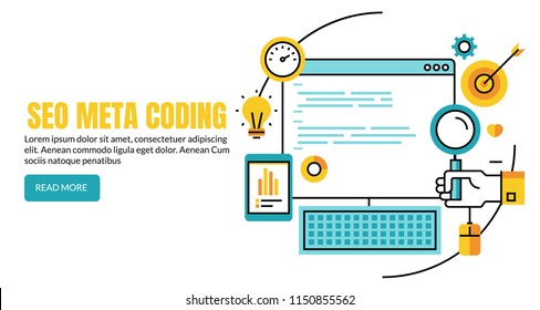 SEO Coding, SEO code optimization, Search engine optimization flat line vector banner with icons and texts