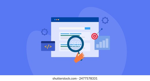 Codificación SEO, optimización de etiquetas SEO para un ranking más alto de motores de búsqueda, meta tags de Sitio web para la optimización SEO - Ilustración vectorial con íconos