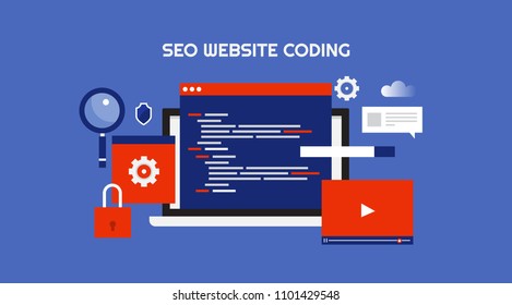 SEO coding  - Website optimization - Website programming flat vector banner illustration with icons