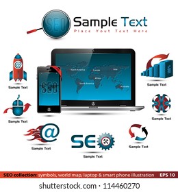 SEO collection: symbols, world map, laptop & smart phone illustration