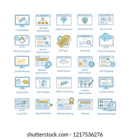 SEO color icons set. Search engine optimization. Internet marketing. Increasing web traffic and lead generation strategies. Website ranking. Isolated vector illustrations