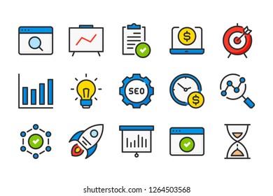 SEO color line icons. Development and management vector linear colorful icon set. Isolated icon collection on white background.