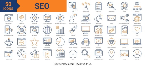 SEO colored line icon collection set. Containing keyword, research, sitemap, reputation, SEO monitoring, web security, digital marketing, PageRank, advertising, hashtag, algorithm, backlink icons
