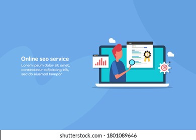 SEO company offering SEO services online, Agency providing digital marketing services - conceptual vector illustration with icons and texts