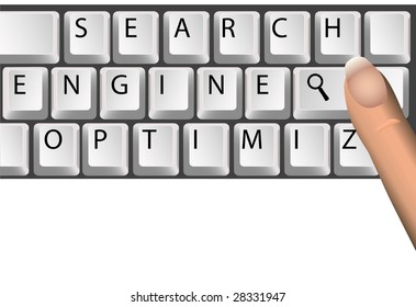 Teclado de computadora SEO con el símbolo de lupa de las palabras clave de Optimización del Motor de Búsqueda, búsquedas en sitios web.