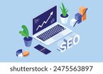 SEO computer - Laptop with search engine optimisation rising graph showing growth and improvement. Flat design vector illustration in isometric perspective on blue business background