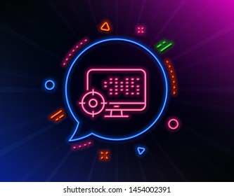 Seo computer line icon. Neon laser lights. Search engine optimization sign. Target symbol. Glow laser speech bubble. Neon lights chat bubble. Banner badge with seo icon. Vector