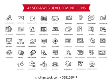 SEO, Computer Security, Web Development Thin Line Simple Flat Modern Style Icon Set, Collection Of Web And Optimization Vector Outline Icons, Internet, Safety, Web, Complicated High Quality Symbols